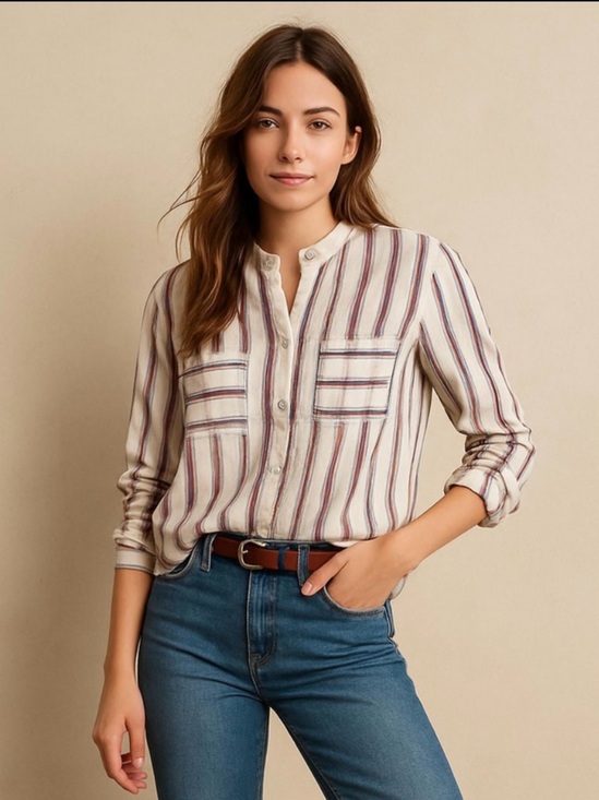 LOFT Tops - LOFT Striped Long Sleeve Casual Blouse Cream Ivory Ecru Red Navy Size XS